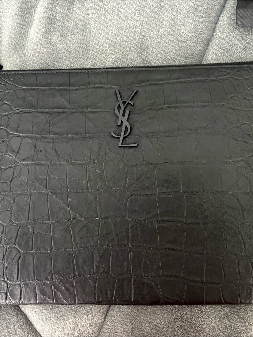 Saint Laurent Black Croc-Embossed Leather Pouch with Matte YSL Logo